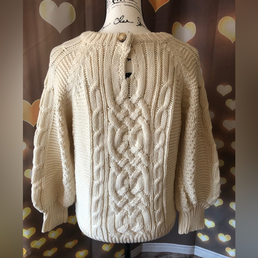 Sweater cable knit lantern sleeve cream beige womens long sleeve top - Picture 10 of 10